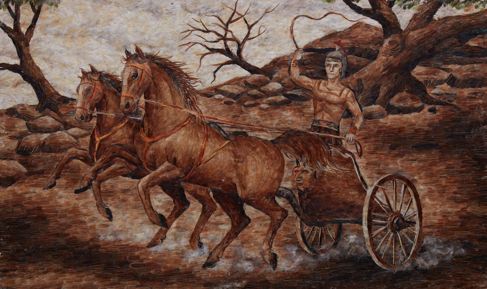 A featherwork depicting a worrior driving a chariot: A featherwork depicting a worrior driving a chariot Framed: 41 1/4 x 62 3/4 in. (104.8 x 159.4 cm.)