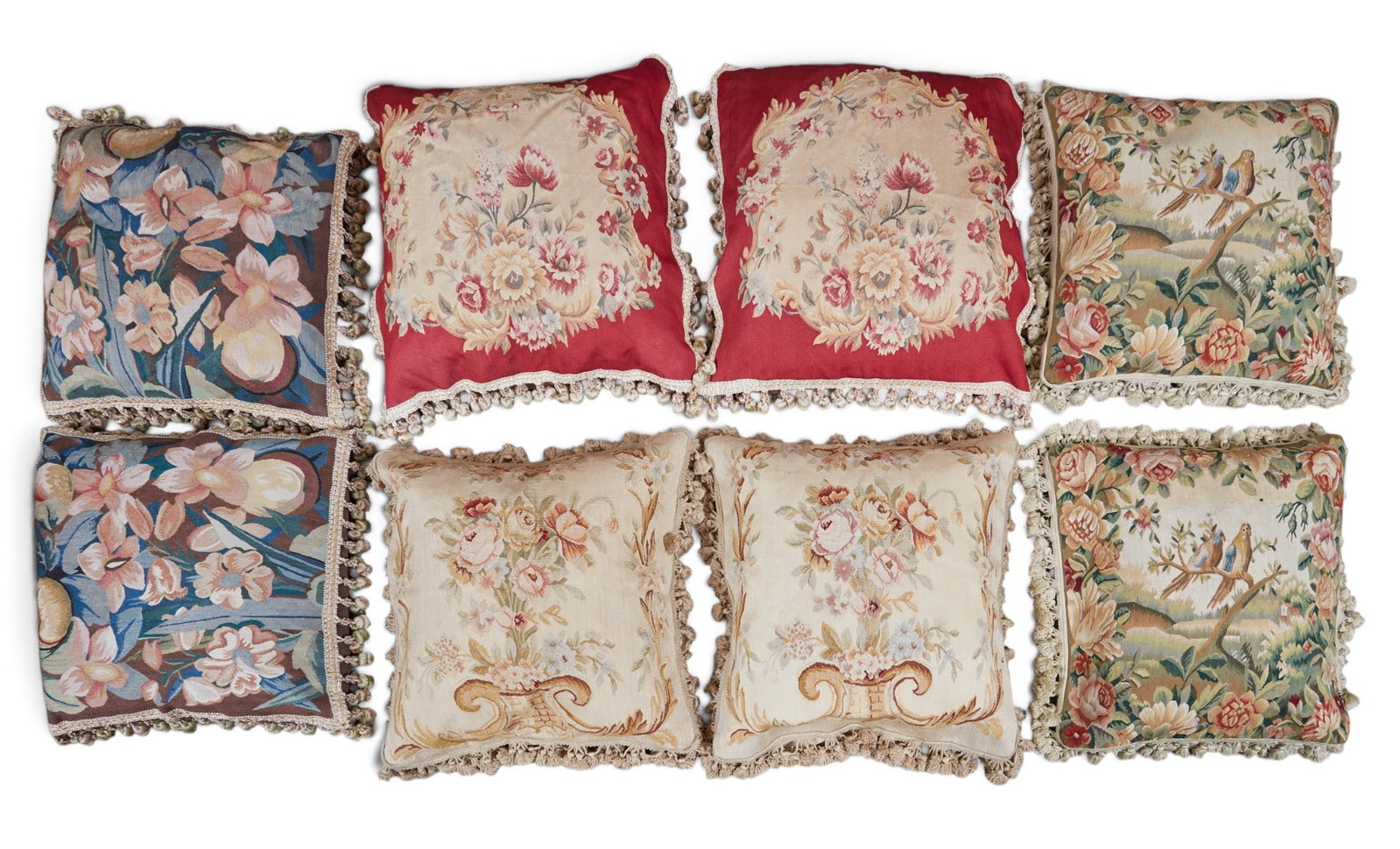A group of eight Aubusson style needlepoint throw pillows: A group of eight Aubusson style needlepoint throw pillows Largest: 20 x 20 in. (50.8 x 50.8 cm.)
