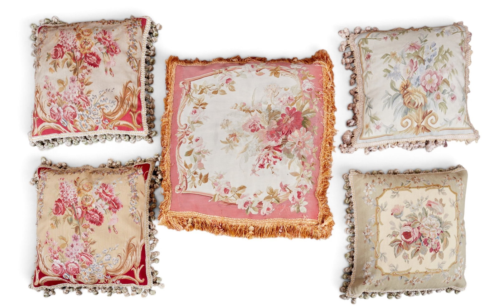 A group of five Aubusson style needle point throw pillows: A group of five Aubusson style needle point throw pillows Largest: 26 x 26 in. (66 x 66 cm.)