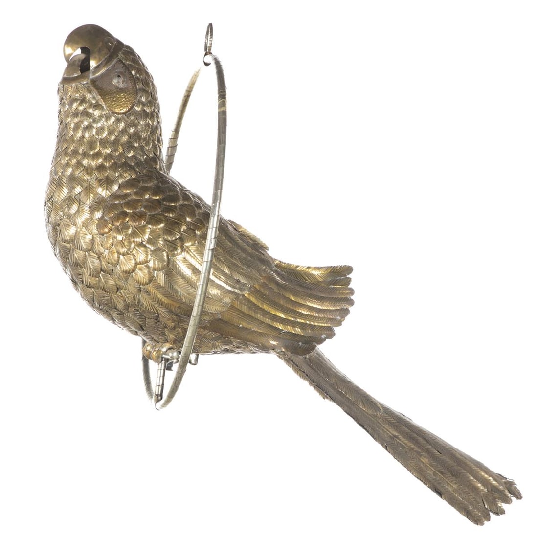 A large vintage mixed metal hanging parrot a ring perch possibly by Sergio Bustamante (1 of 1)