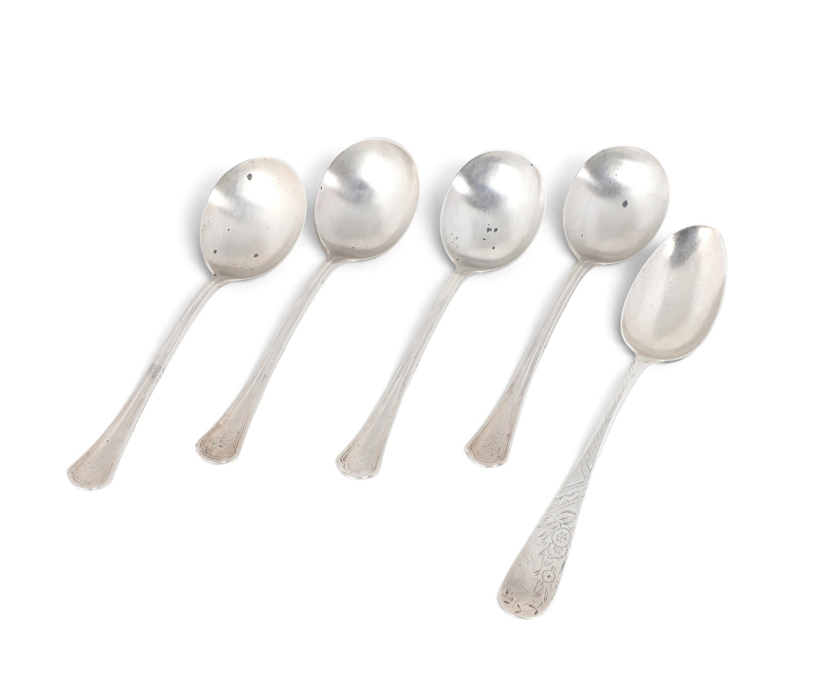 A group of five sterling silver spoons: A group of five sterling silver spoons 7.073t oz (220g)