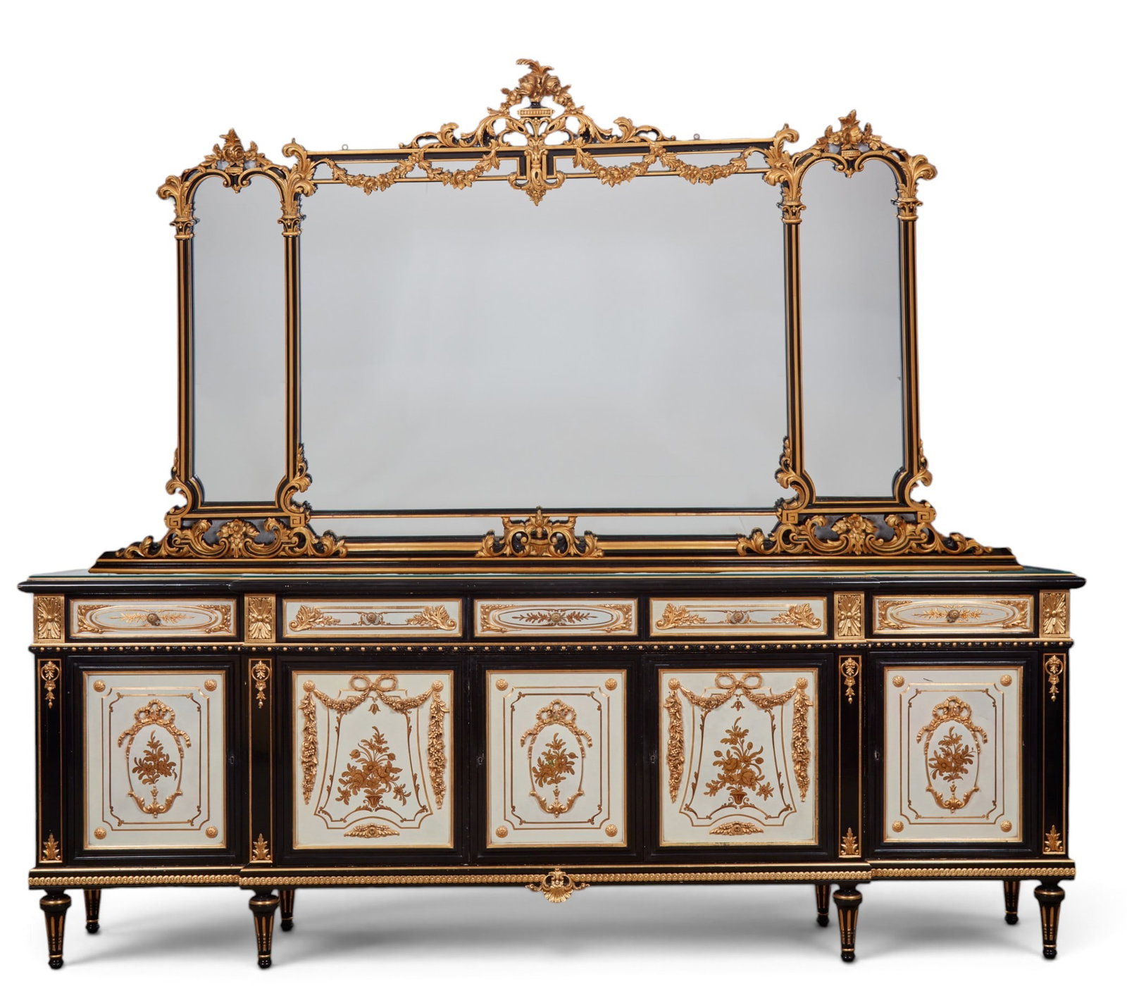 A black and gold with hand painted panels sideboard and matching mirror: A black and gold with hand painted panels sideboard and matching mirror Sideboard: height 41 x width 108 x depth 19 in. (104.1 x 274.3 x 48.3 cm.)