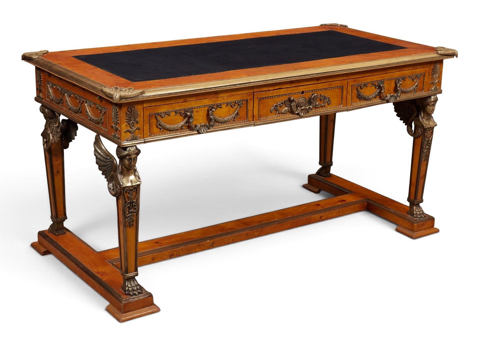 An Empire style bronze mounted figural desk: An Empire style bronze mounted figural desk height 31 x width 61 x depth 31 in. (78.7 x 154.9 x 78.7 cm.)