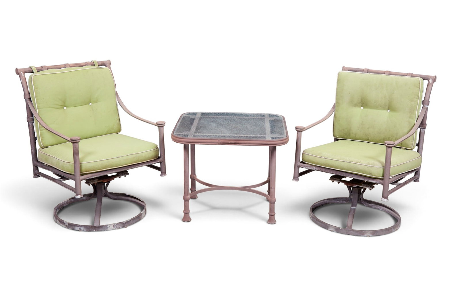 A pair of outdoor rocking chairs together with a side table: A pair of outdoor rocking chairs together with a side table Chair: height 36 x width 25 x depth 26 in. (91.4 x 63.5 x 66 cm.), Side Table: height 23 x width 27 x depth 27 in. (58.4 x 68.6 x 68.6 cm.)
