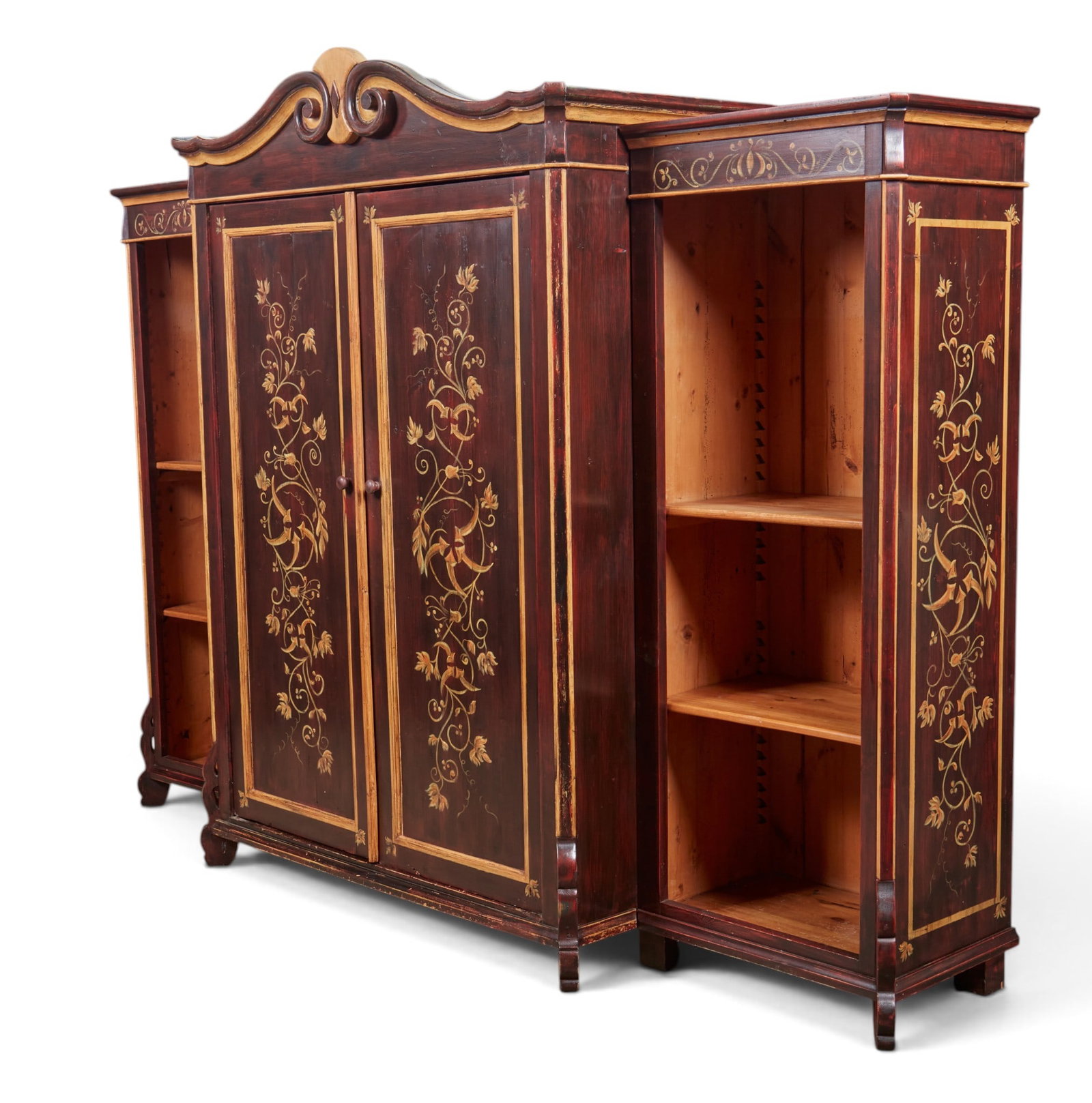 A three part breakfront with hand painted panels: A three part breakfront with hand painted panels 3 piece: height 83 1/2 x width 110 x depth 30 in. (212.1 x 279.4 x 76.2 cm.)