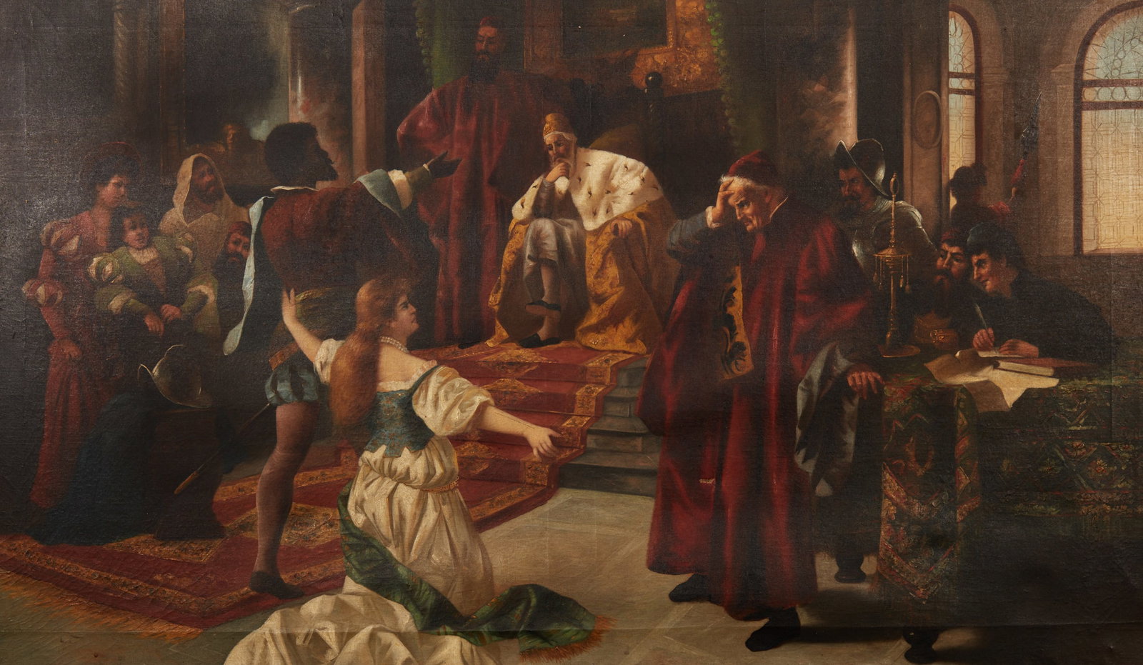 A framed 19th century painting of Othello's defense.: A framed 19th century painting of Othello's defense. Framed: 60 x 38 in. (152.4 x 96.5 cm.)