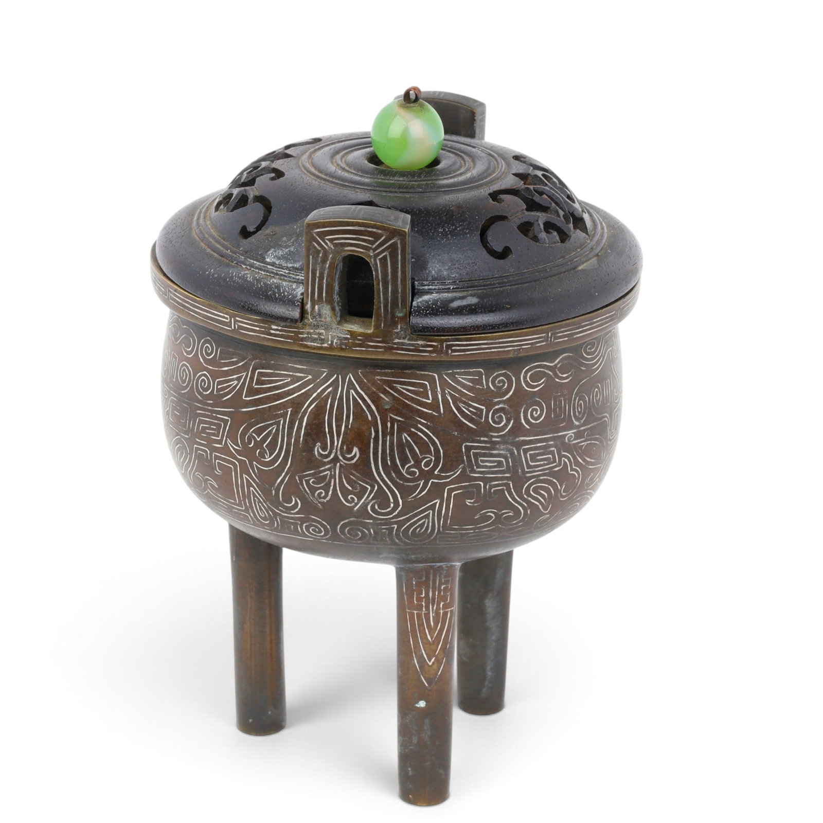 An Asian tripod bronze censer with jade finial (1 of 6)