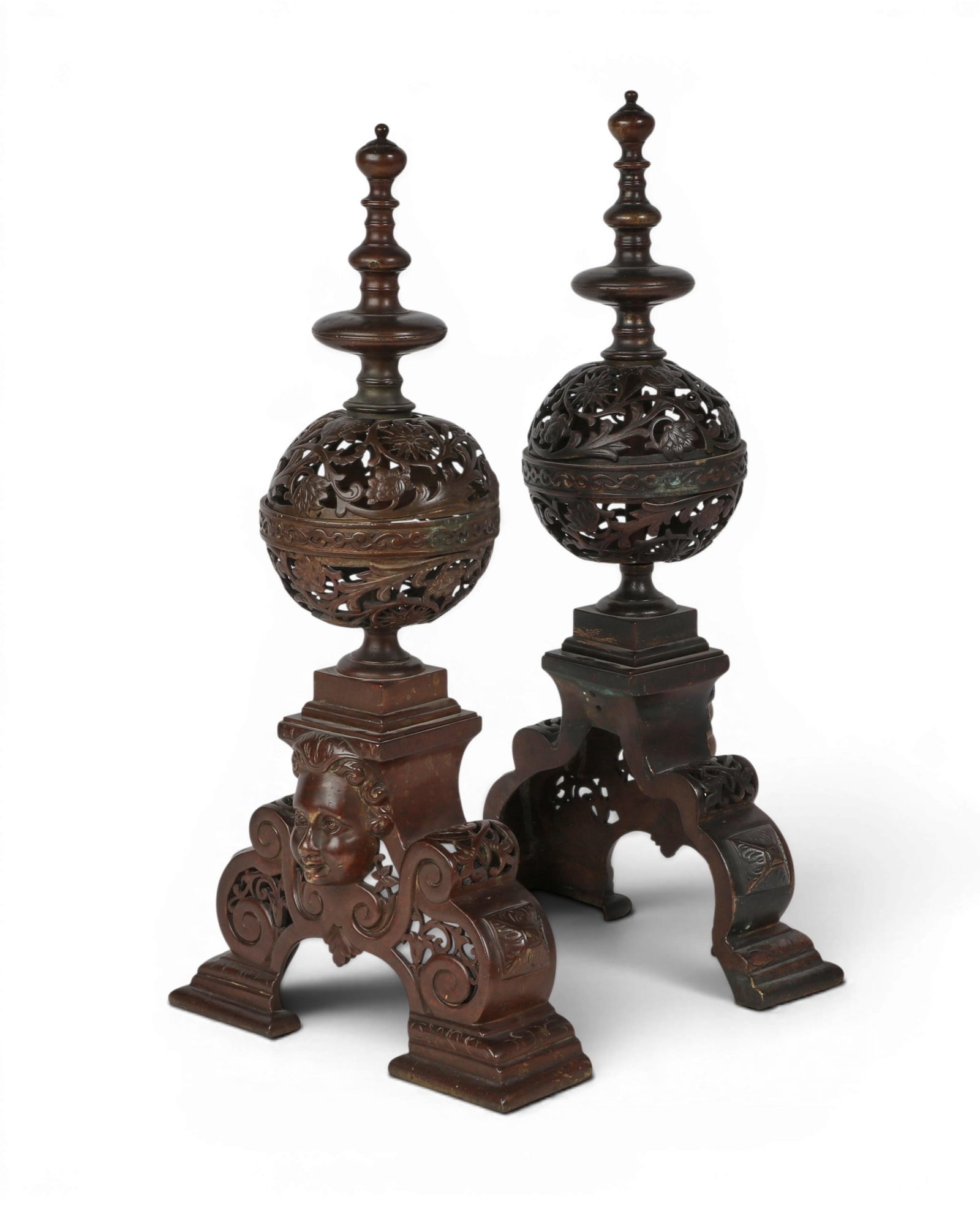 A pair of Renaissance Revival style patinated bronze andirons, early 20th century (1 of 4)
