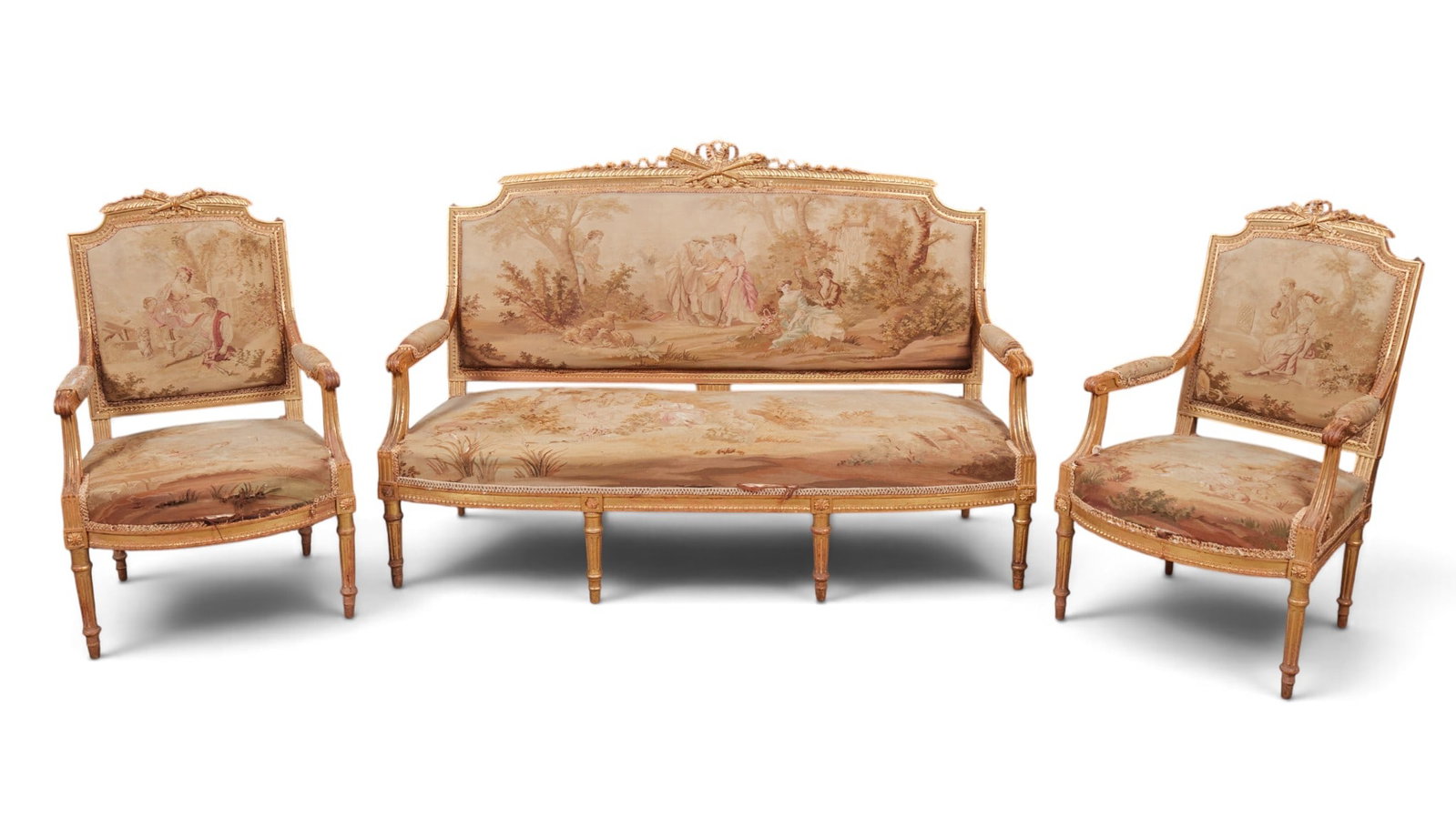 A three piece Louis XV style salon set with pastoral Aubusson tapestry upholstery. (1 of 10)