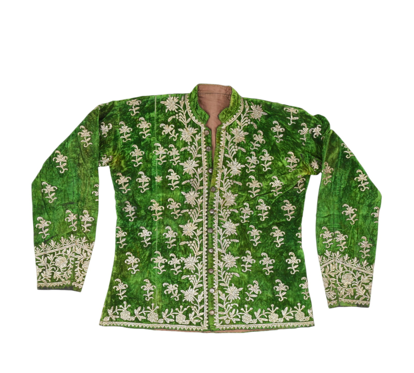 A Persian royal court velvet jacket with silver embroidery and military buttons, Qajar period: A Persian royal court velvet jacket with silver embroidery and military buttons, Qajar period