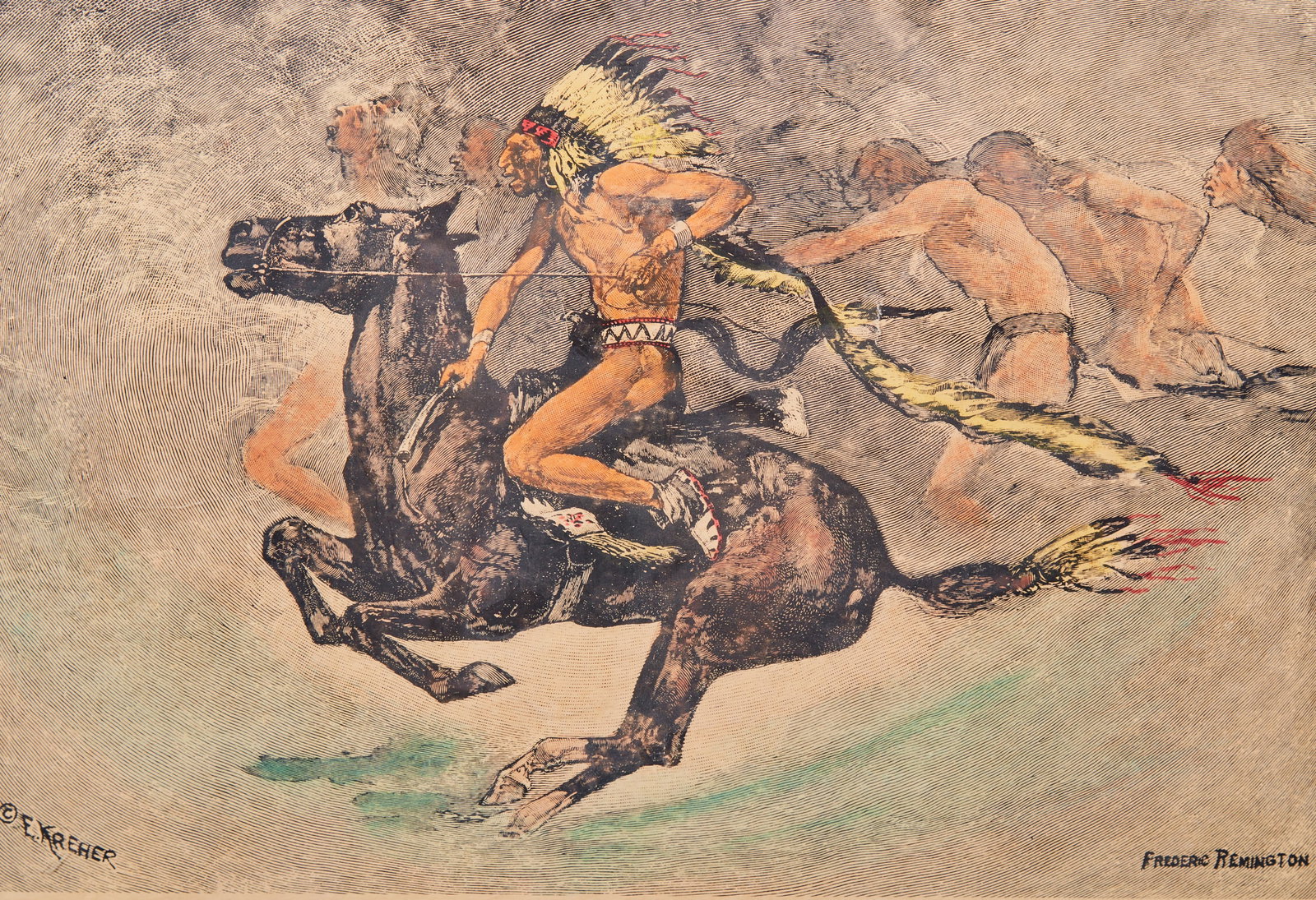 After Frederick Remmington (American, 1861-1909), Pony War Dance, etching on wove paper with hand: After Frederick Remmington American 1861-1909 Pony War Dance etching on wove paper with hand coloring engraved by Ed Kreher; red Library of Congress stamp with item number to left corner; editioned