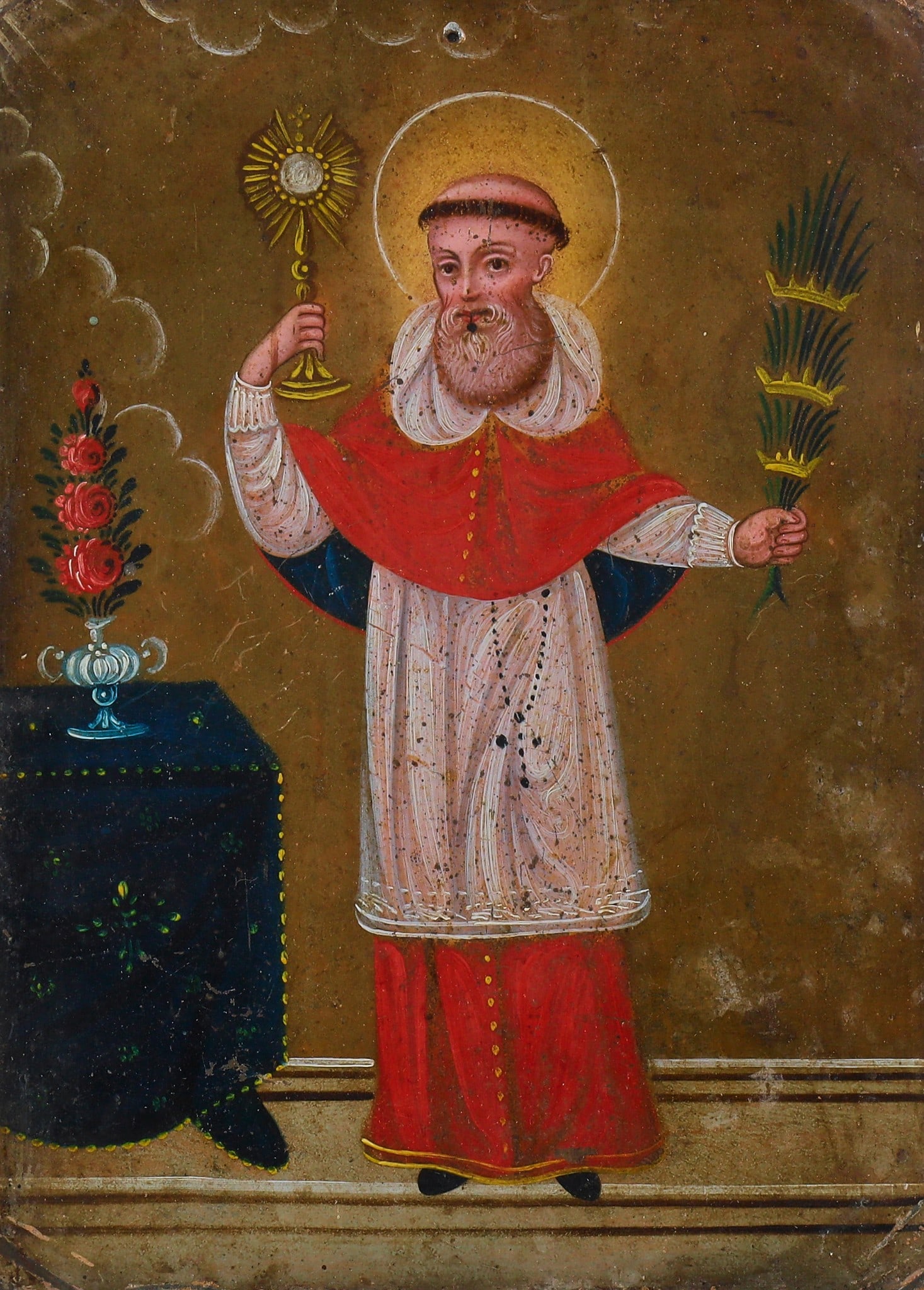 A framed oil painting on tin of a saint: A framed oil painting on tin of a saint Framed: 22 x 18 in. (55.9 x 45.7 cm.)