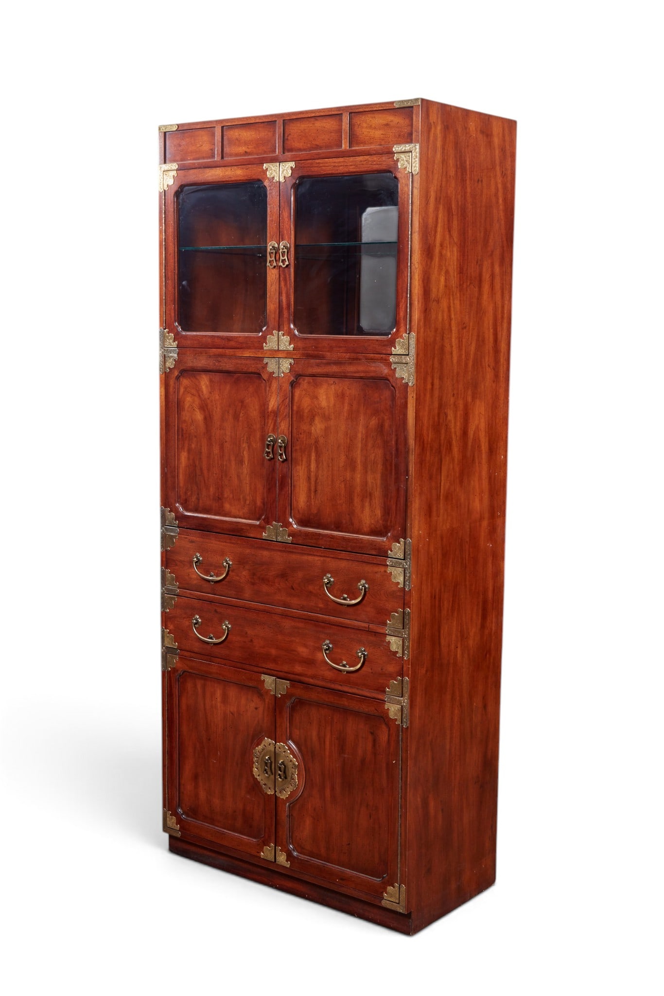 A Chinese style cabinet with upper glass doors: A Chinese style cabinet with upper glass doors height 84 x width 35 x depth 18 in. (213.4 x 88.9 x 45.7 cm.)