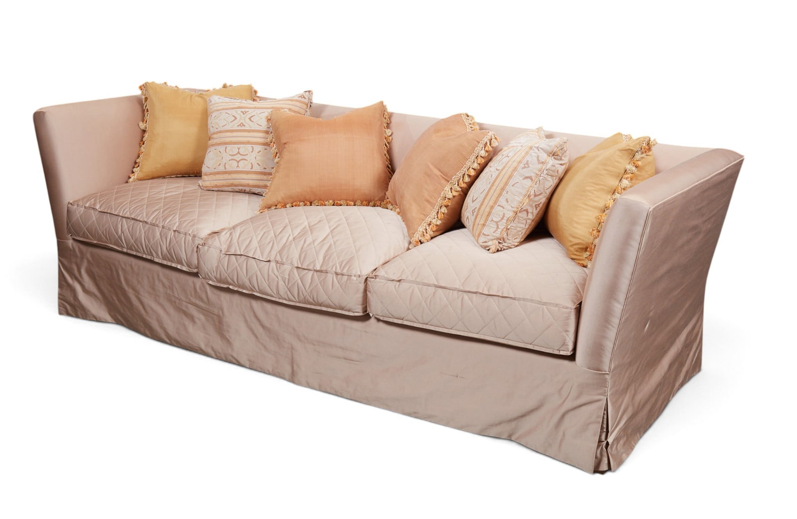 An upholstered sofa six associated throw pillows. (1 of 6)