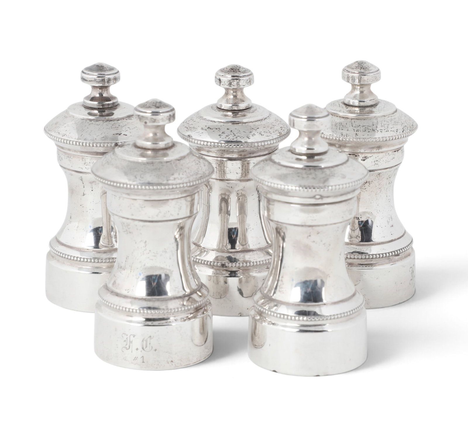A set of five sterling silver pepper mills. (1 of 4)