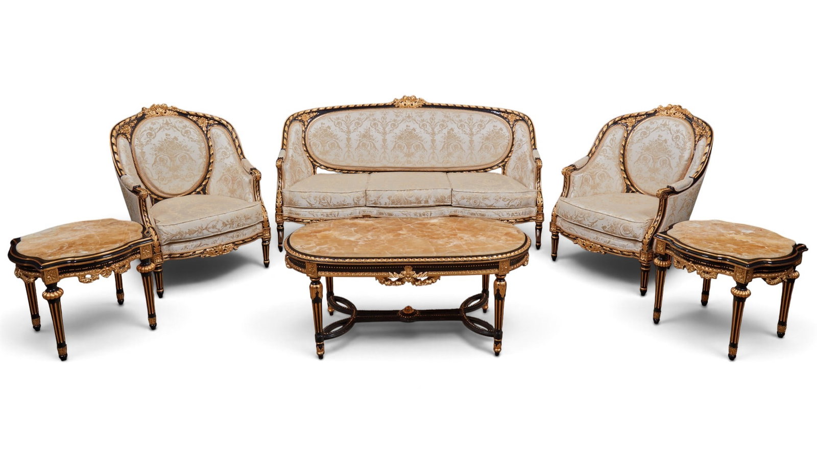 A Louis XV style three piece salon set together with a coffee table and two end tables with marble (1 of 19)
