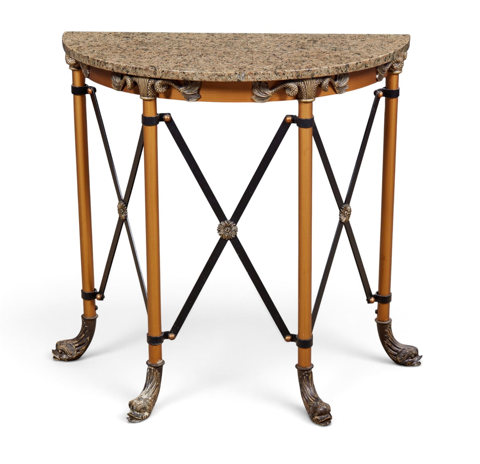 A neoclassical style demilune console with granite top: A neoclassical style demilune console with granite top height 30 x width 30 x depth 15 in. (76.2 x 76.2 x 38.1 cm.)