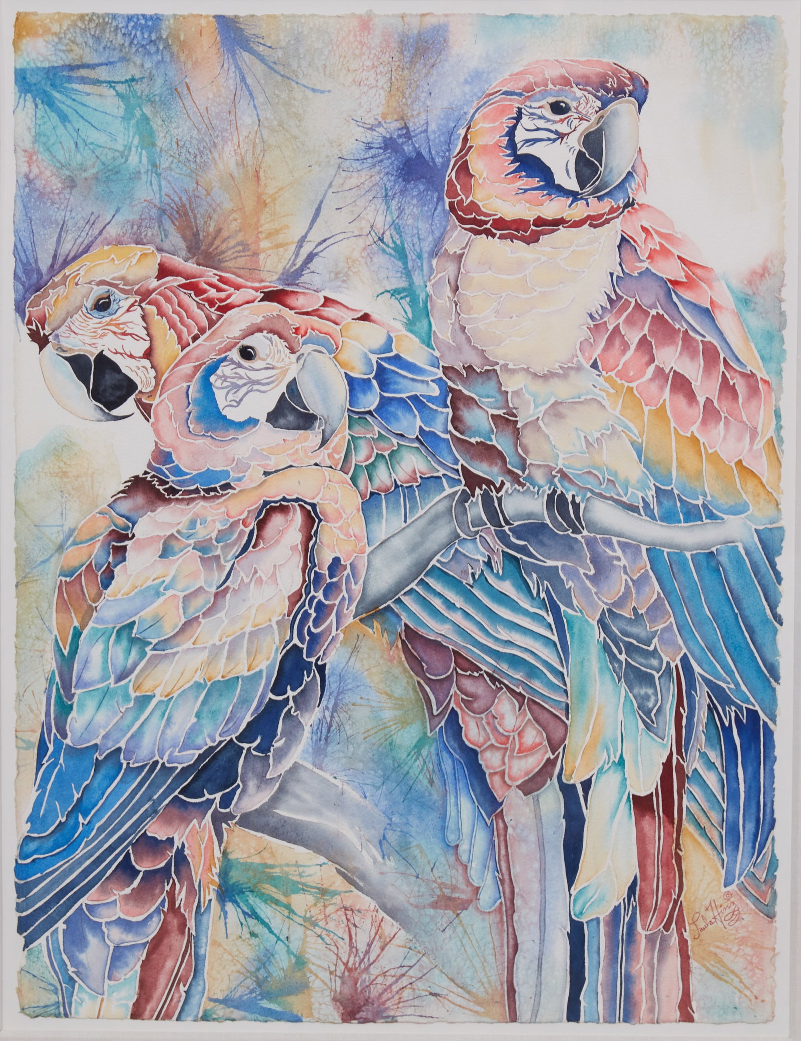 Paula Hing (American, 20th century), Untitled, Three Macaws, watercolor on textured and deckle edged: Paula Hing American 20th century Untitled, Three Macaws watercolor on textured and deckle edged wove paper signed to lower right 30 x 23in (76 x 58cm)