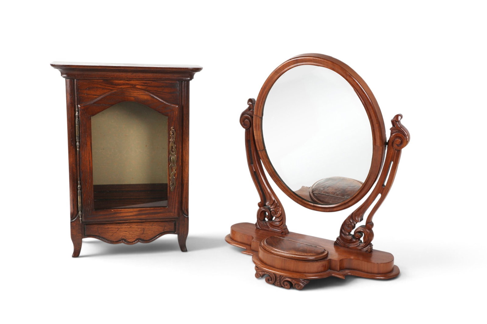 A Victorian mahogany oval dressing mirror and a Continental oak vitrine wall cabinet (2) (1 of 6)