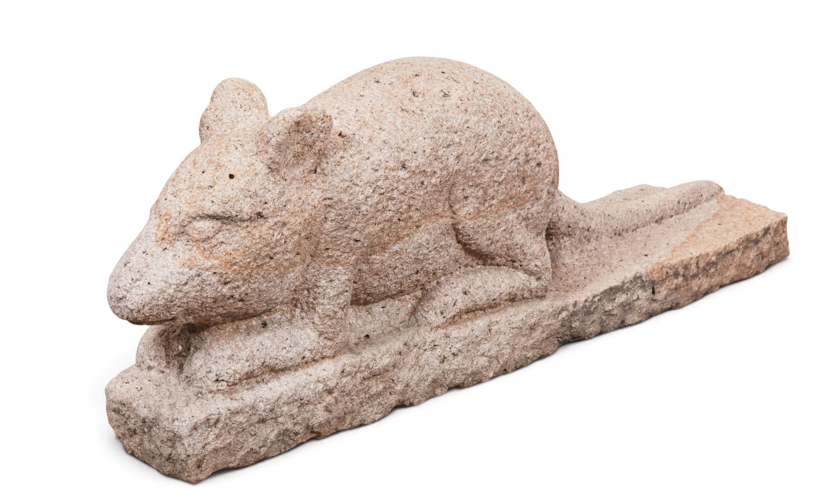 A hand carved stone mouse sculpture.: A hand carved stone mouse sculpture. height 20 x width 10 x length 55 in. (50.8 x 25.4 x 139.7 cm.)