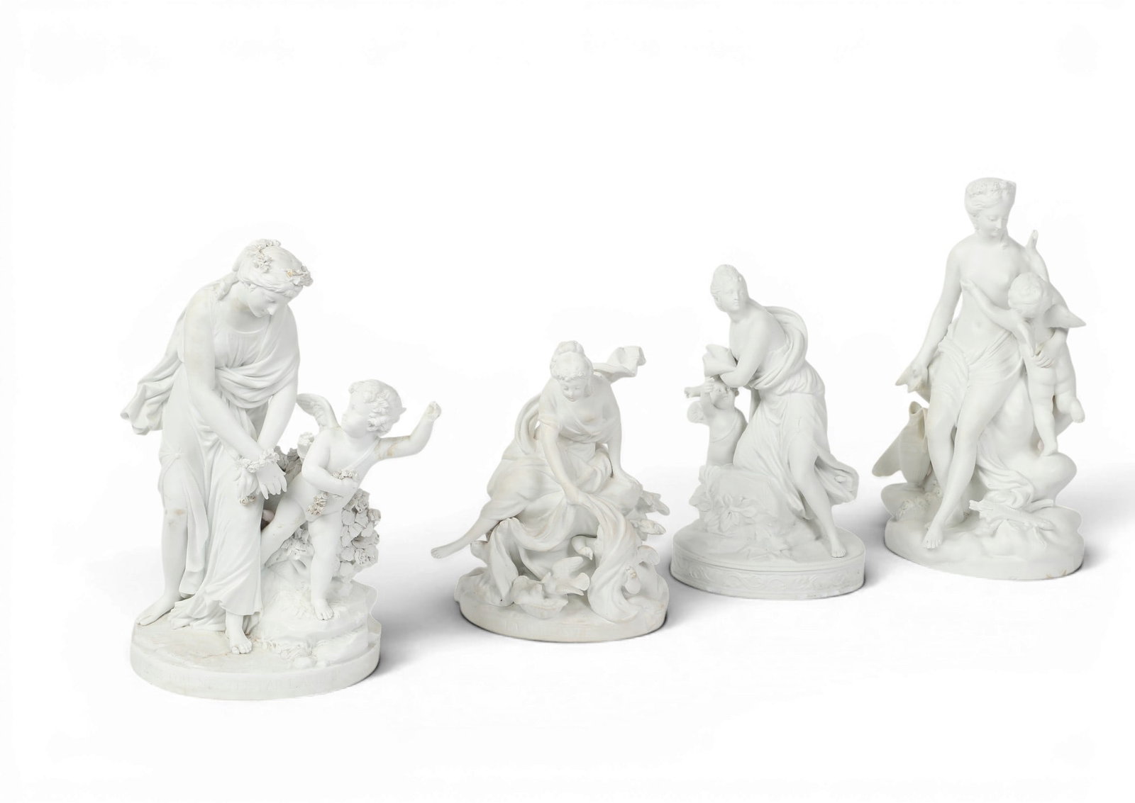 Four bisque porcelain allegorical figural groups, 20th century: Four bisque porcelain allegorical figural groups 20th century Comprising The Curiosity, Youth Tormented by Love, Venus and Cupid, and one other, two with incised psuedo interlaced L marks to base. hei