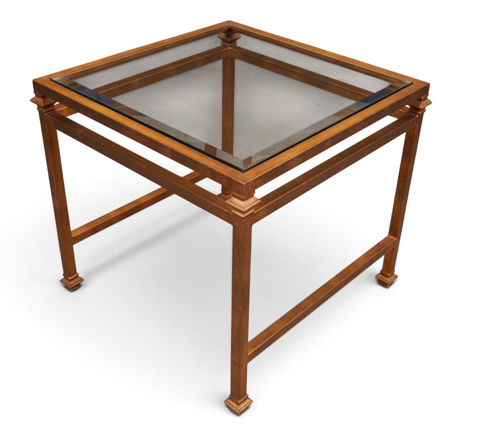 A wrought iron square side table with beveled glass inset: A wrought iron square side table with beveled glass inset height 28 x width 30 x depth 30 in. (71.1 x 76.2 x 76.2 cm.)