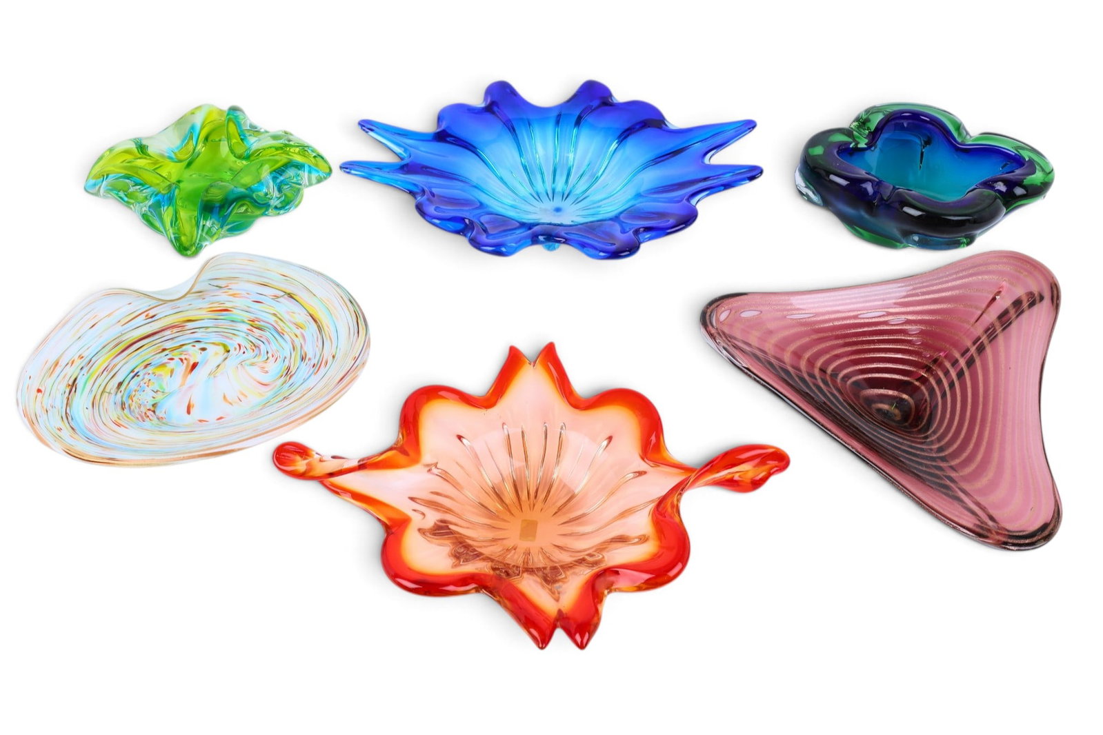 A group of six art glass bowls: A group of six art glass bowls Largest: height 4 x diameter 16 in. (10.2 x 40.6 cm.)