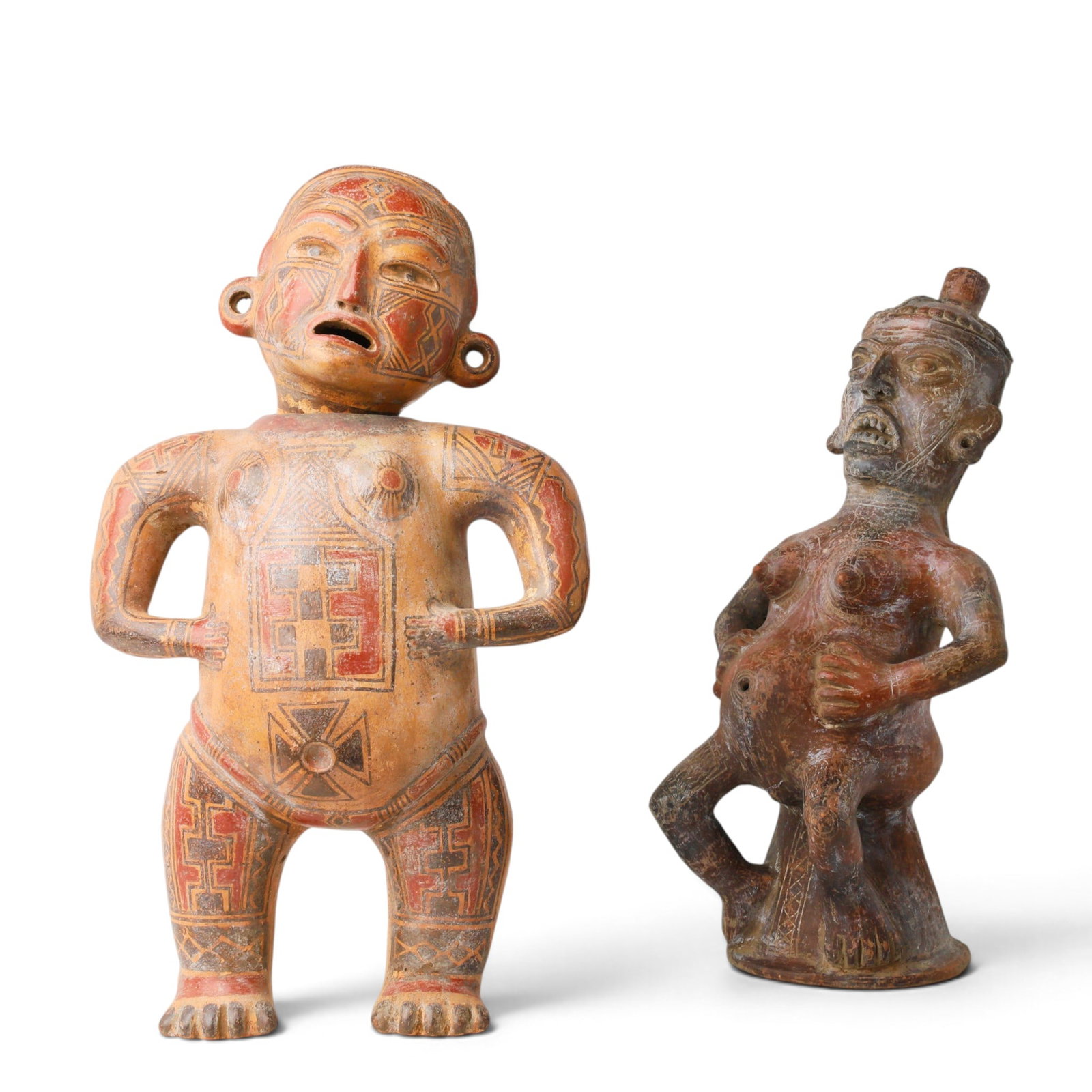 Two imposing pre-Columbian style polychrome ceramic fertility effigy figures: Two imposing pre-Columbian style polychrome ceramic fertility effigy figures largest: 20 x 11 x 6in ( 51 x 28 x 15cm)