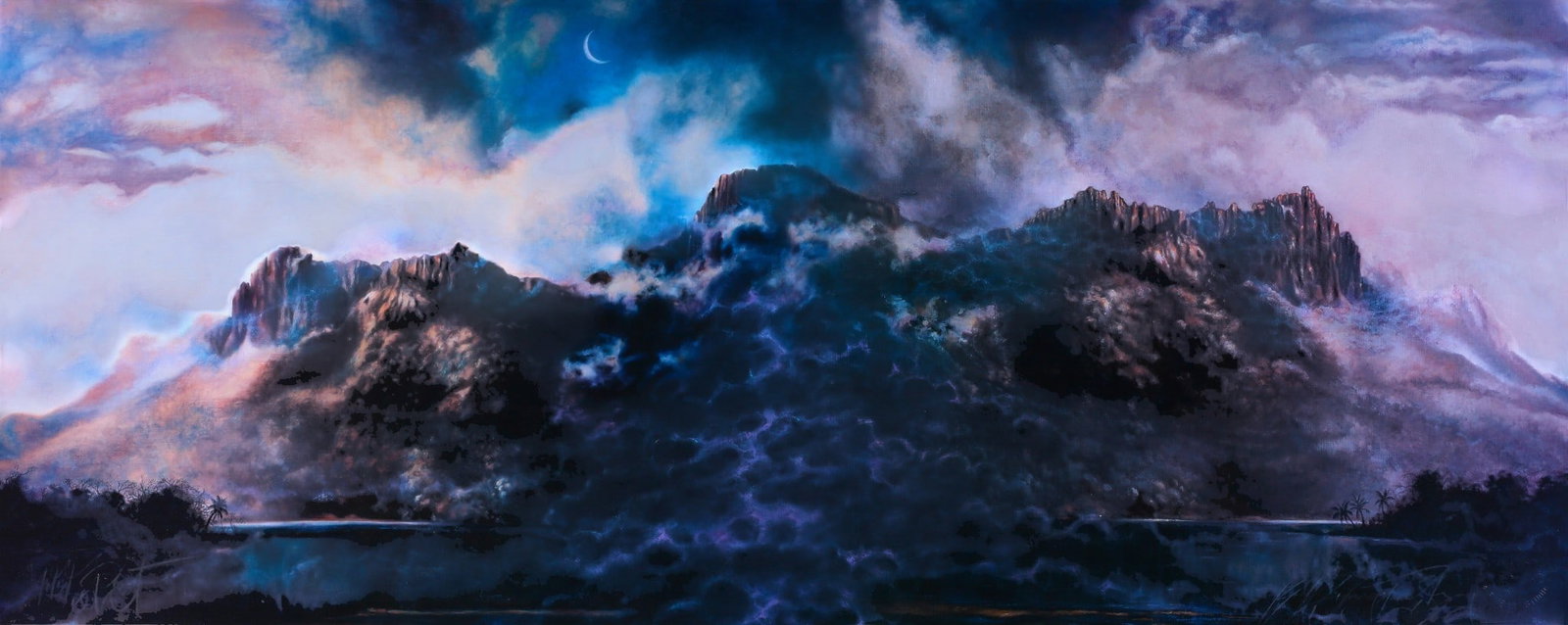 Brett Livingston Strong (Austalian, b. 1953), Mountain and Moon, offset reproduction in colors on: Brett Livingston Strong Austalian b. 1953 Mountain and Moon offset reproduction in colors on wove paper editioned artist's proof and signed to lower print with artist's blind stamp 14 x 35in (36 x