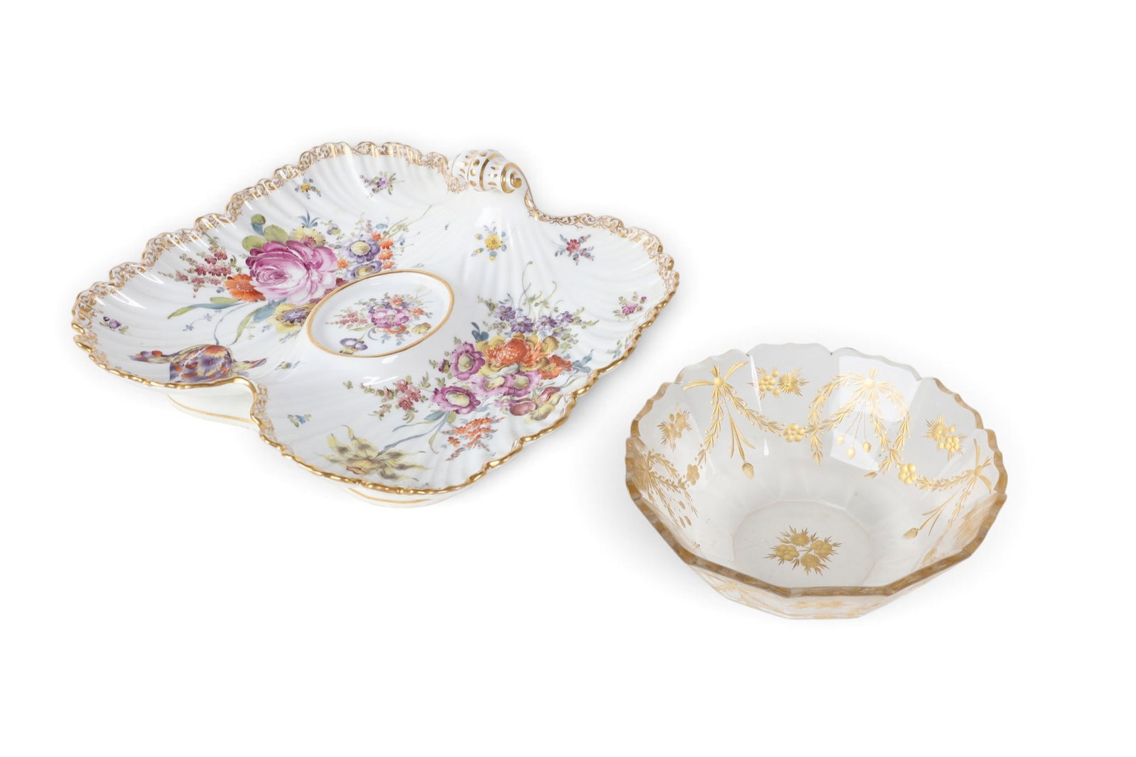 A porcelain hand painted shell dish, signed H. Dresden, together with a glass and 24k gold decorated (1 of 4)