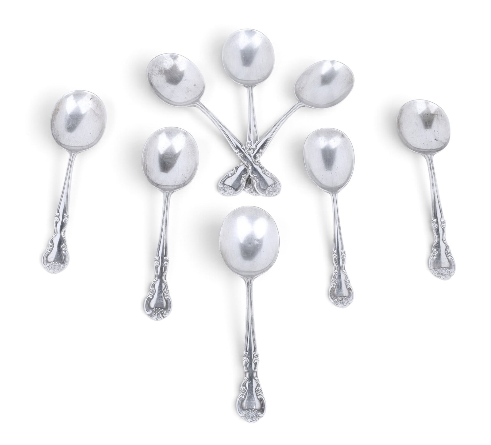 A set of eight cream soup spoons: A set of eight cream soup spoons 9.163t oz (285g)