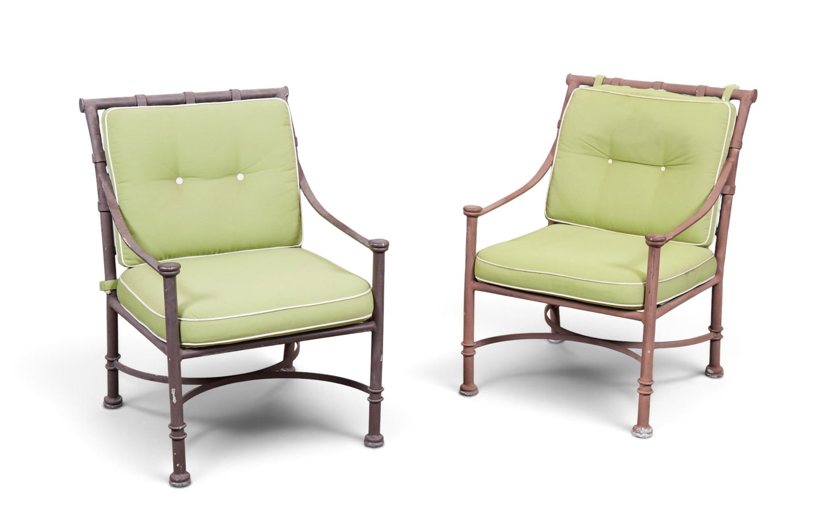 A rectangular outdoor table with four armchairs: A rectangular outdoor table with four armchairs Table: height 28 x width 40 x depth 69 in. (71.1 x 101.6 x 175.3 cm.), Armchair: height 36 x width 25 x depth 26 in. (91.4 x 63.5 x 66 cm.)