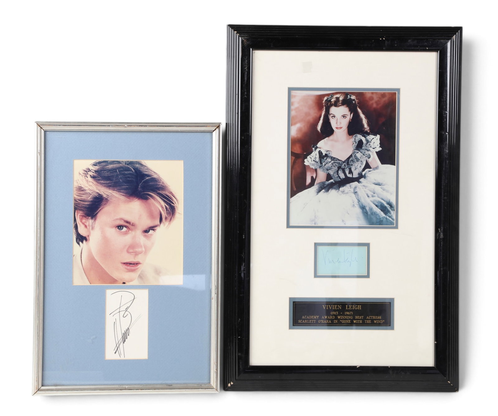 River Phoenix and Vivian Leigh, signed: River Phoenix and Vivian Leigh, signed lot includes photos of each matted and framed with autographed cards. largest 26 x 17in (66 x 43cm)