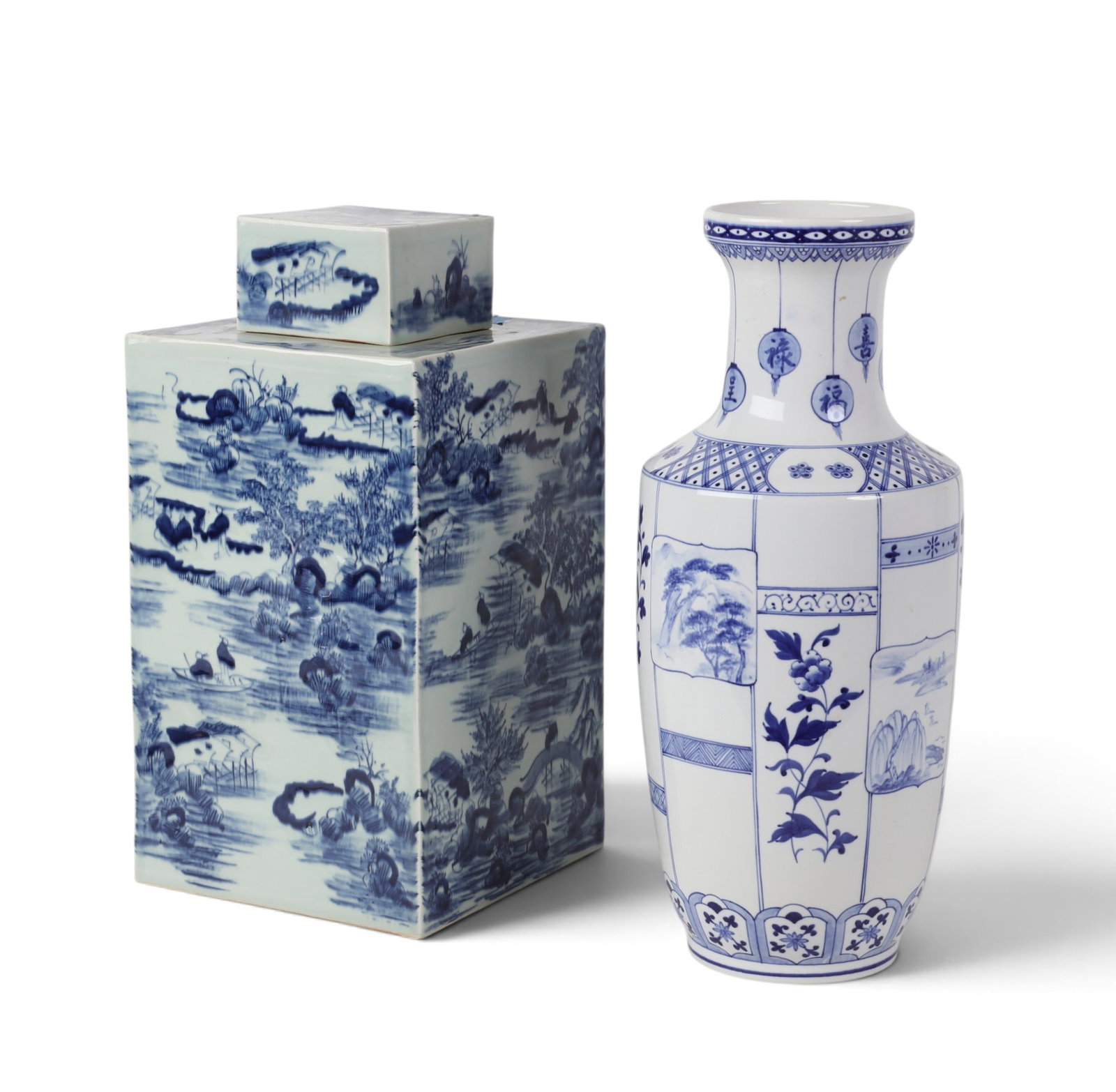 A large Chinese blue and white covered jar together with a blue and white vase: A large Chinese blue and white covered jar together with a blue and white vase Vase: height 18 x diameter 8 in. (45.7 x 20.3 cm.)