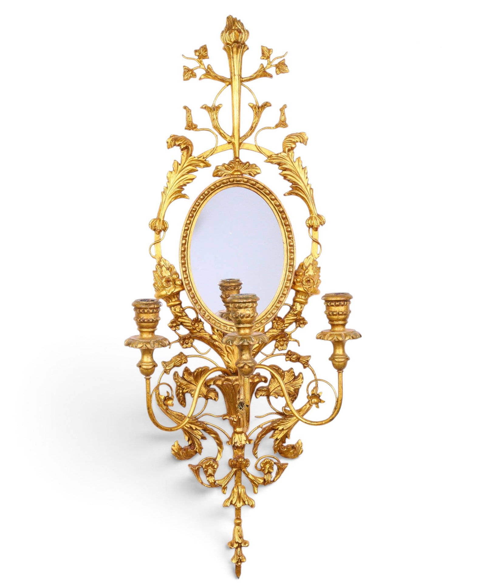 An Italian carved wood and metal three light wall sconce: An Italian carved wood and metal three light wall sconce height 37 x width 13 in. (94 x 33 cm.)