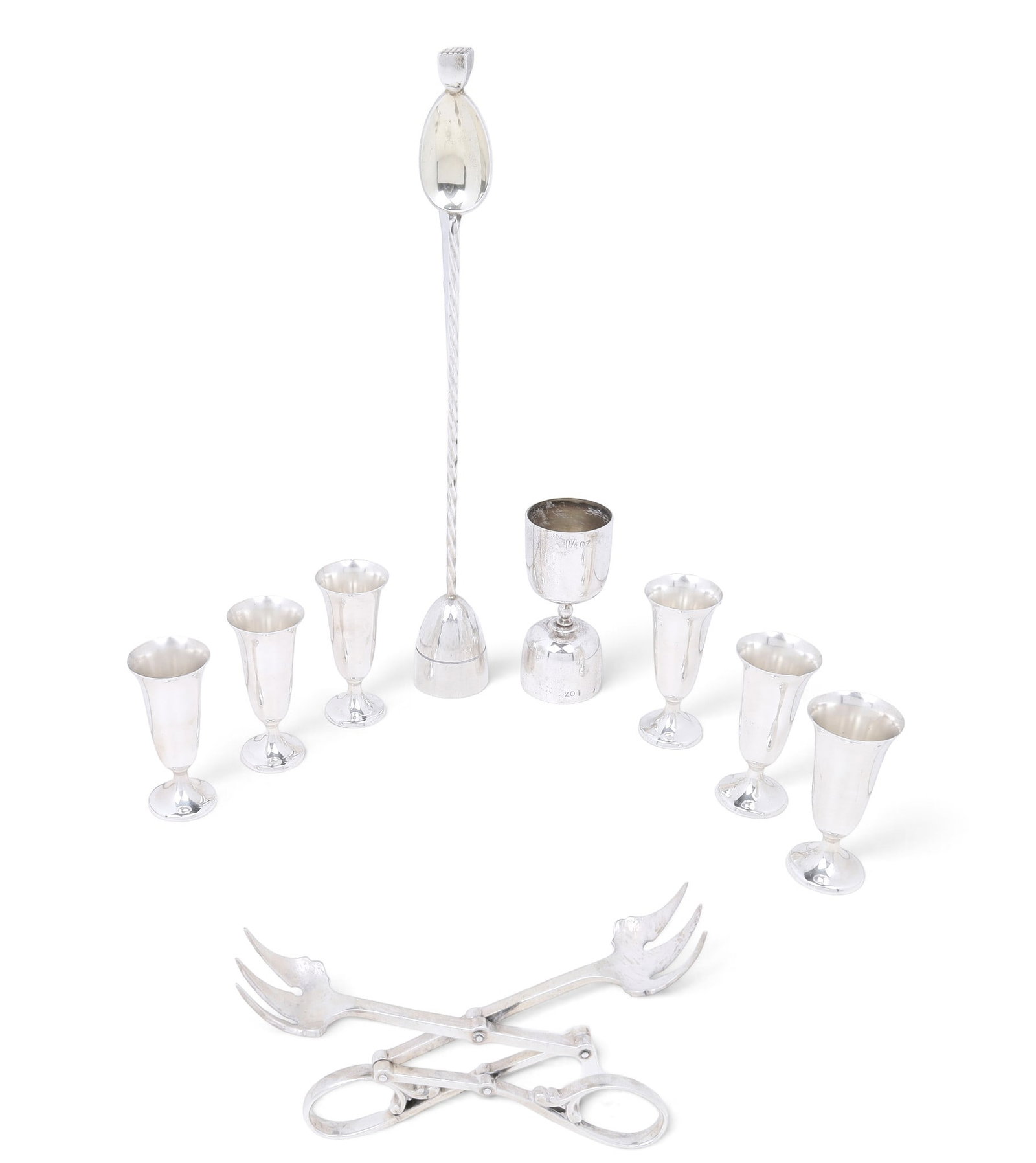 A group of nine sterling silver barware articles including a porter blanchard bar spoon.: A group of nine sterling silver barware articles including a porter blanchard bar spoon. 11.48t oz (357g)