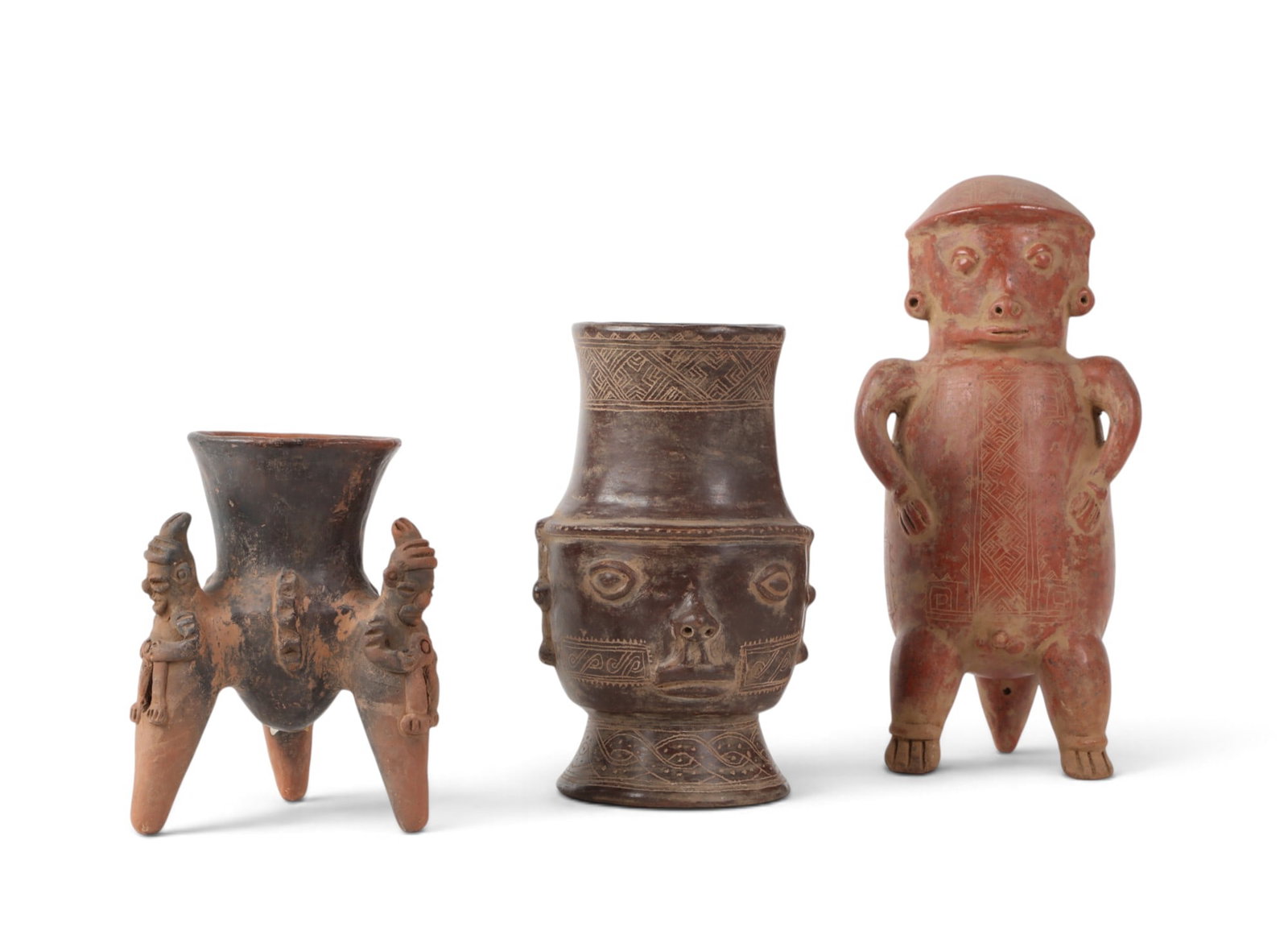 Three Pre-Columbian style Meso-American clay vessels and figure: Three Pre-Columbian style Meso-American clay vessels and figure largest: 11 x 6 x 5in (28 x 15 x 13cm)