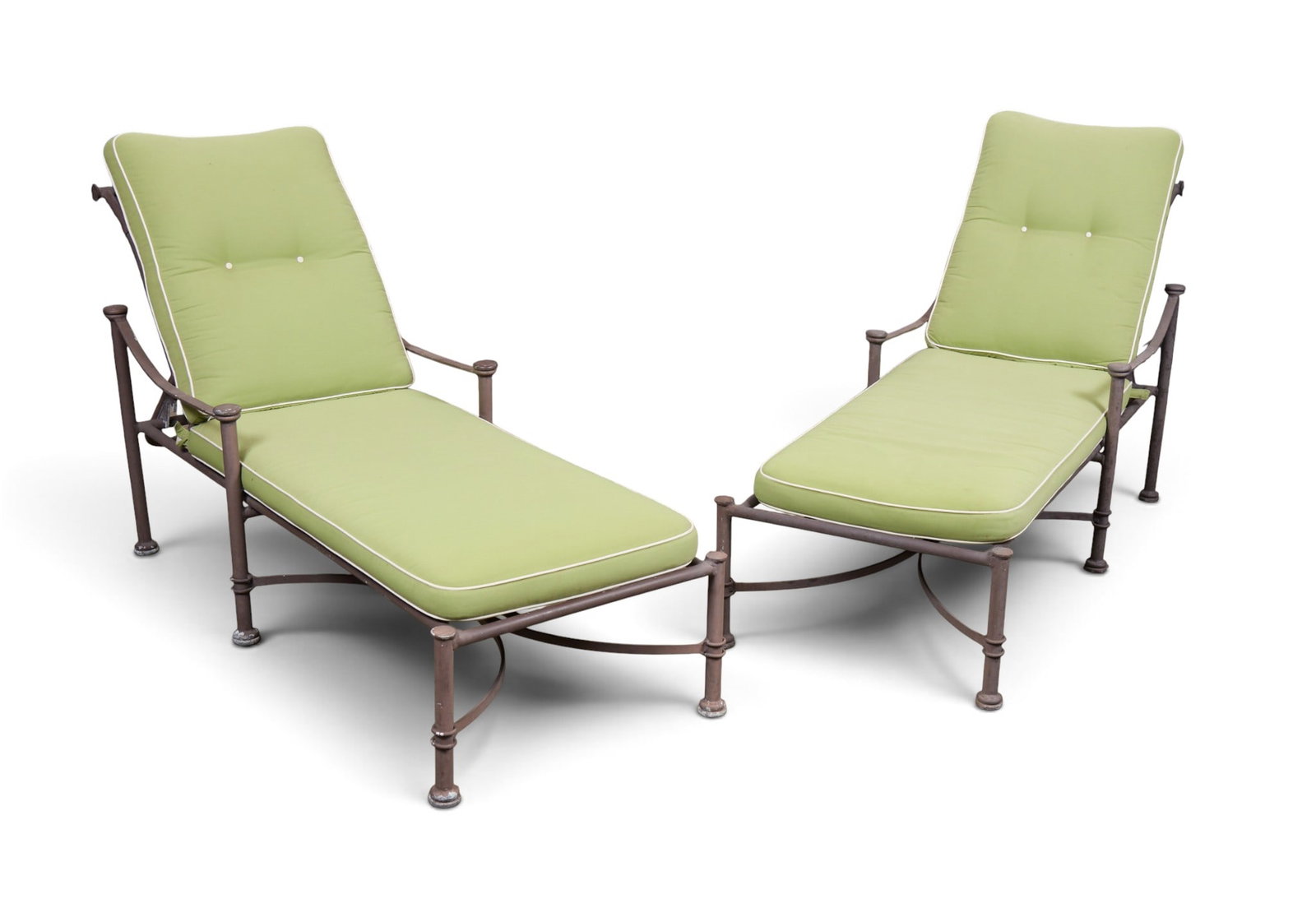 A pair of chaise lounges: A pair of chaise lounges height 24 x width 26 x length 60 in. (61 x 66 x 152.4 cm.)