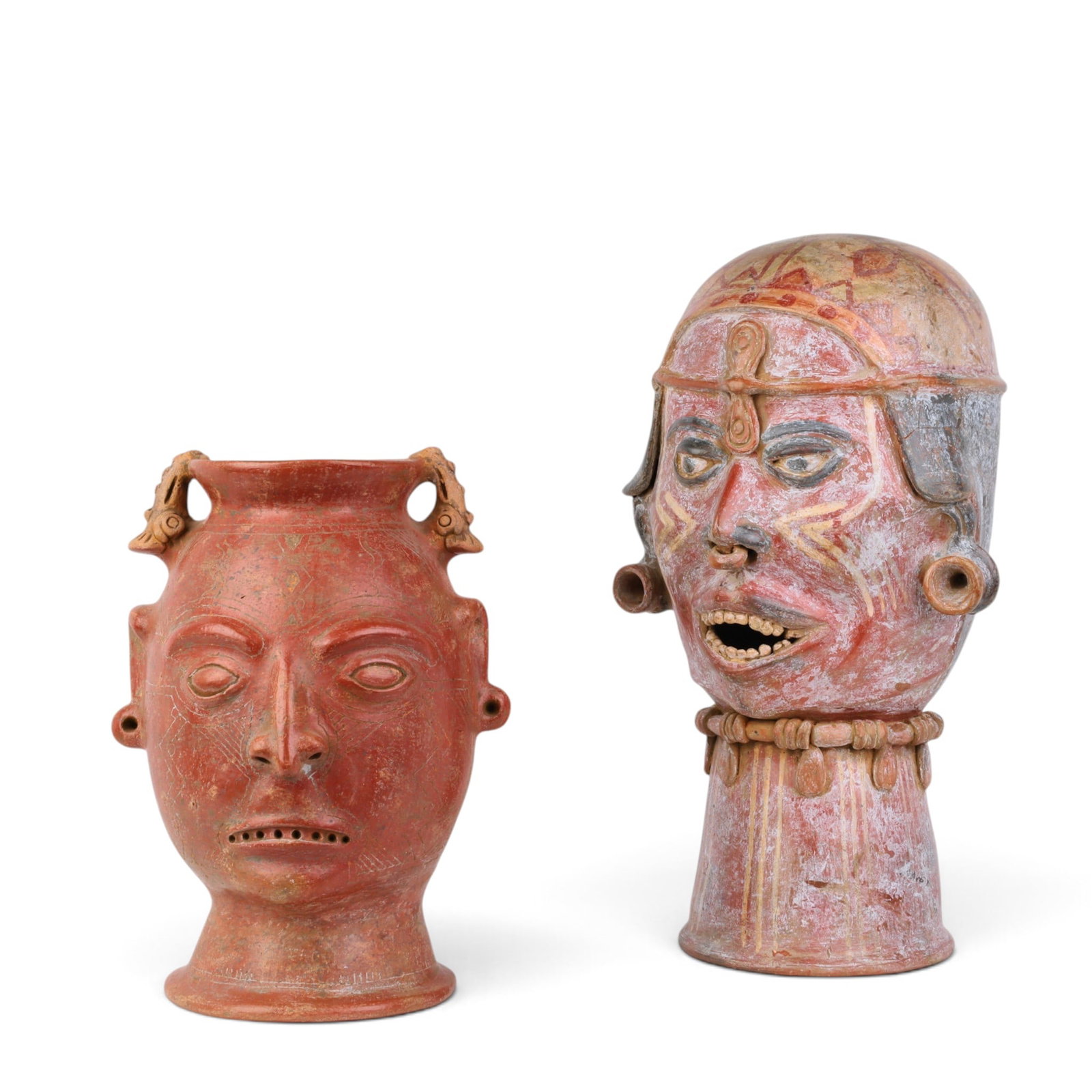 Two pre-Columbian style polychrome effigy pottery vessels: Two pre-Columbian style polychrome effigy pottery vessels largest 19 x 11 x 11in (48 x 28 x 28cm)