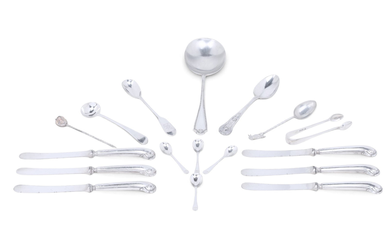 A group of assorted English sterling silver items of various dates and makers together with a set of: A group of assorted English sterling silver items of various dates and makers together with a set of six fruit knives with sterling handles (16 pieces) weighable silver 5.048t oz (157g)