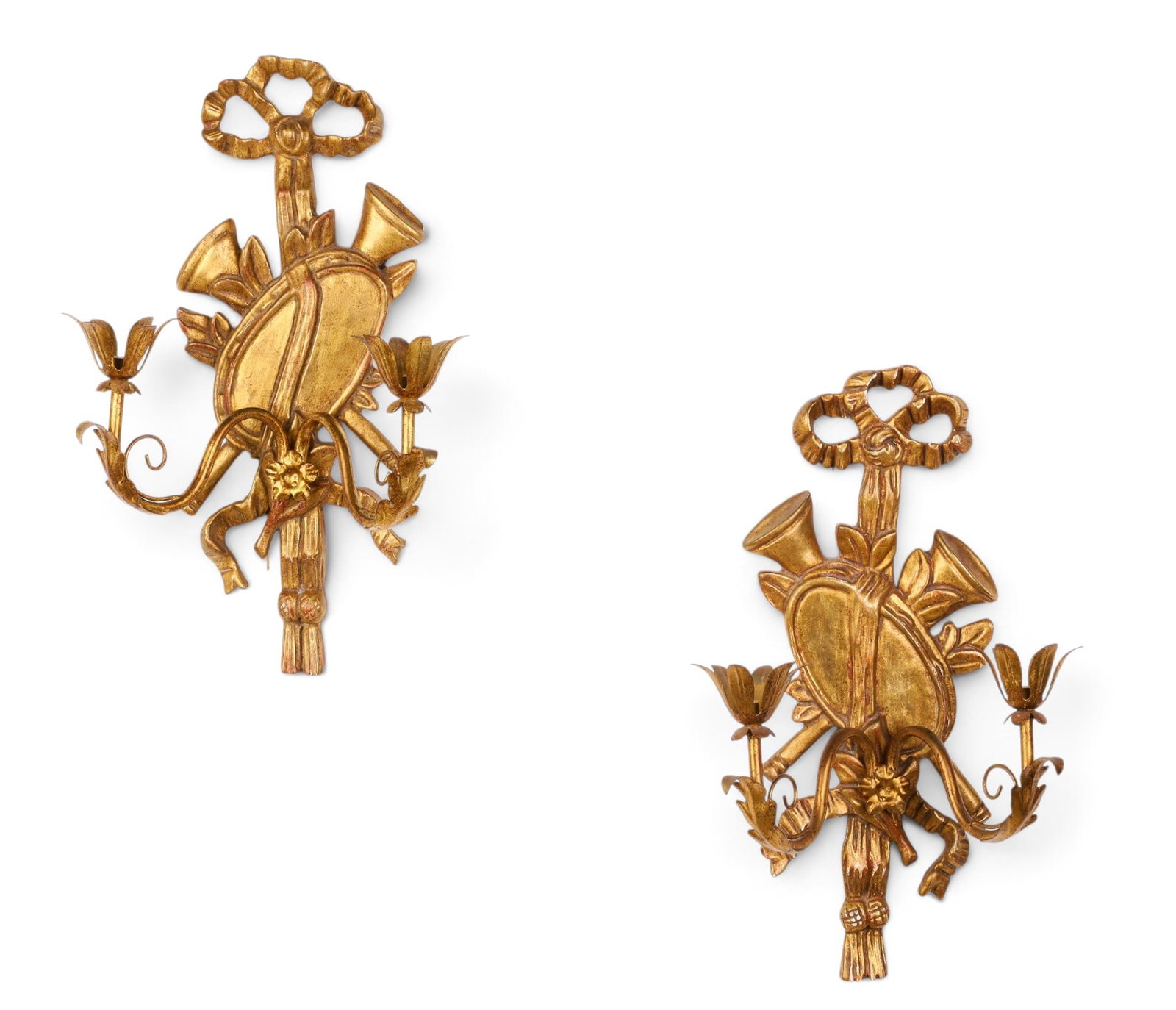 A pair of Italian carved wood and metal two light wall sconces (1 of 4)
