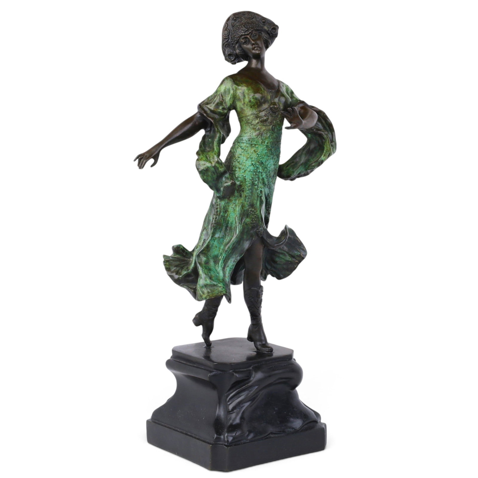 A bronze sculpture of standing woman: A bronze sculpture of standing woman height 17 x width 6 1/2 in. (43.2 x 16.5 cm.)