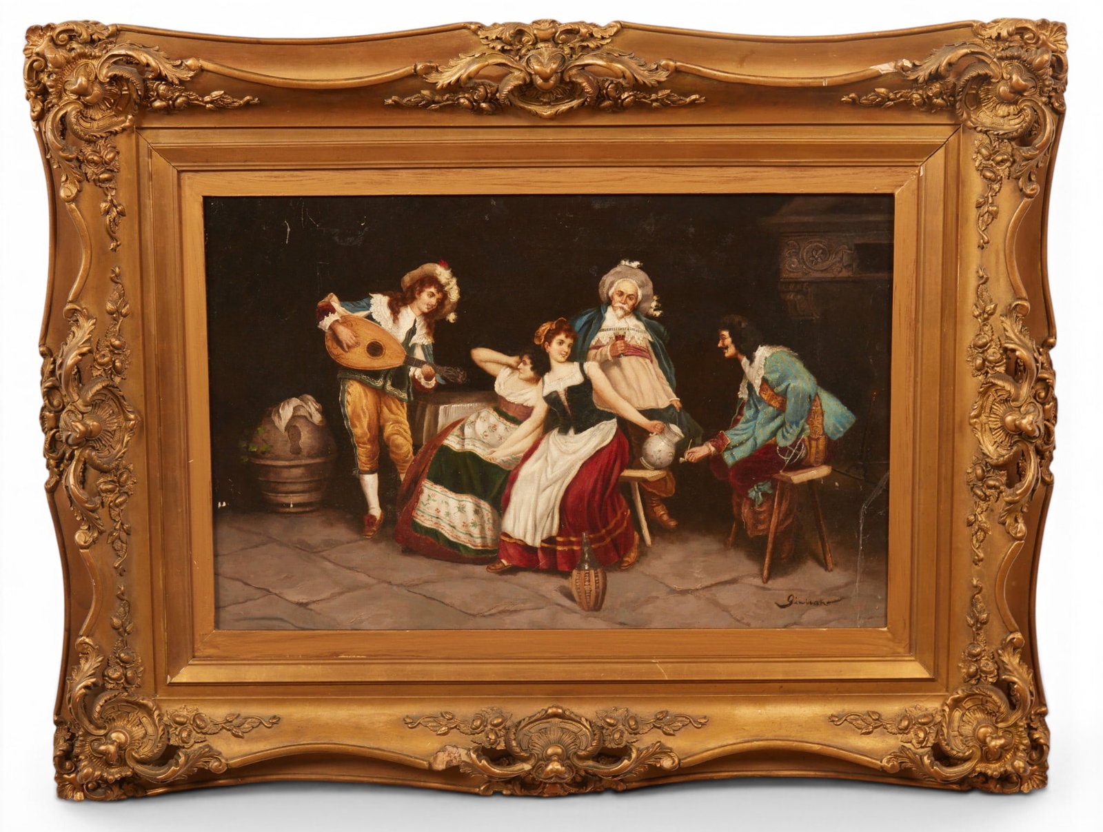 A framed tavern scene painting., C.1900: A framed tavern scene painting. C.1900 framed: 34 x 45 in. (86.4 x 114.3 cm.)