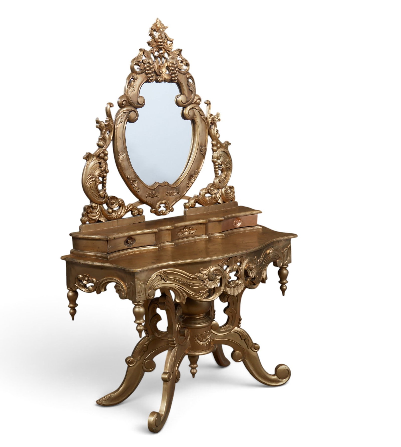 A gilt wood vanity: A gilt wood vanity height 71 x width 47 1/2 x depth 20 in. (180.3 x 120.7 x 50.8 cm.)