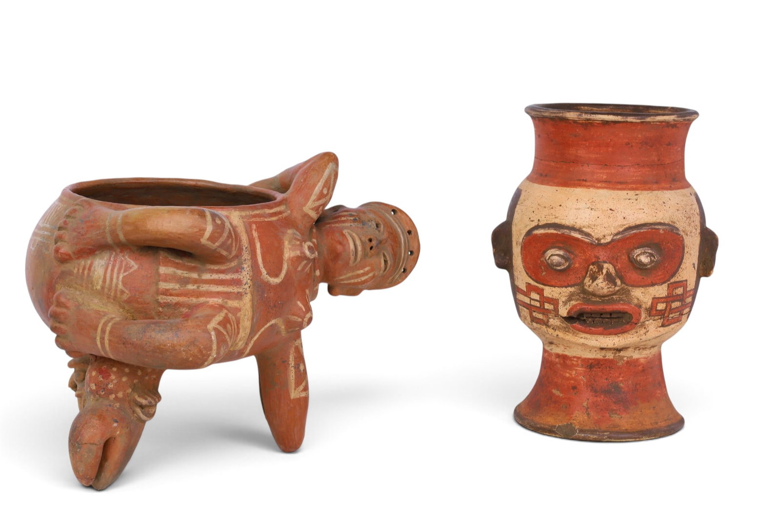 Two Meso-American polychrome clay effigy vessels: Two Meso-American polychrome clay effigy vessels largest: