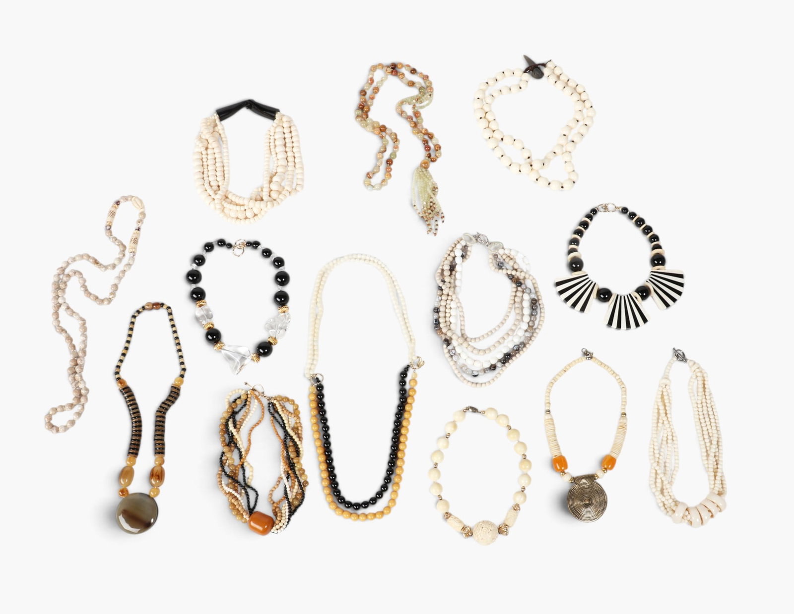 A group of thirteen hardstone, bone, and mixed metal beaded necklaces, modern: A group of thirteen hardstone, bone, and mixed metal beaded necklaces modern longest drop length 24 1/2in (62cm)