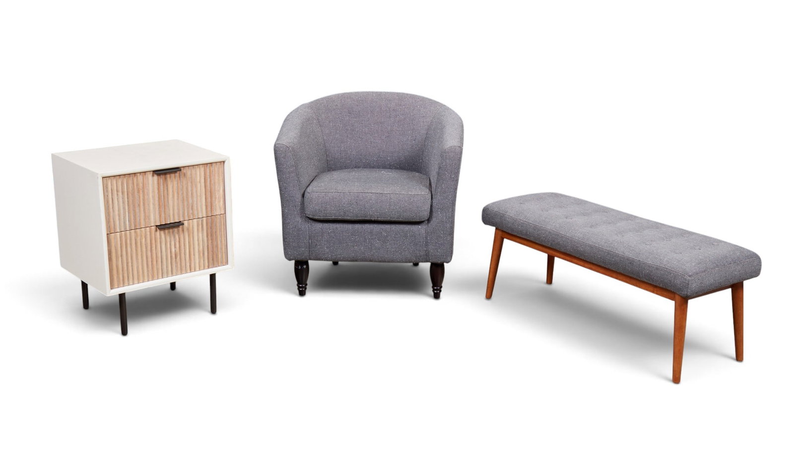 A group of three items including armchair, side table and bench: A group of three items including armchair, side table and bench Armchair: height 31 x width 30 x depth 28 in. (78.7 x 76.2 x 71.1 cm.)