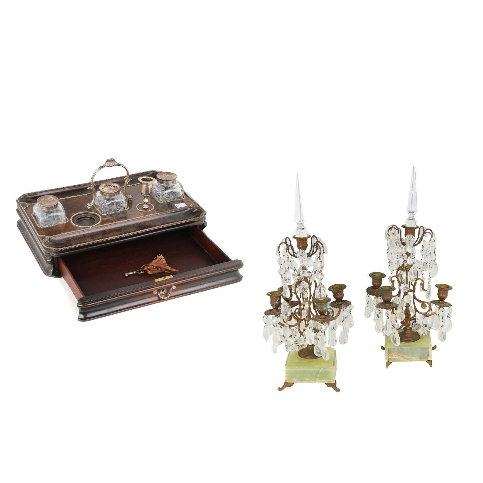 An English white metal mounted hardwood desk stand: An English white metal mounted hardwood desk stand together with a pair of mixed metal, clear cut glass, and green onyx four light girandoles. (3) desk stand height to top of handle 7in (18cm); width