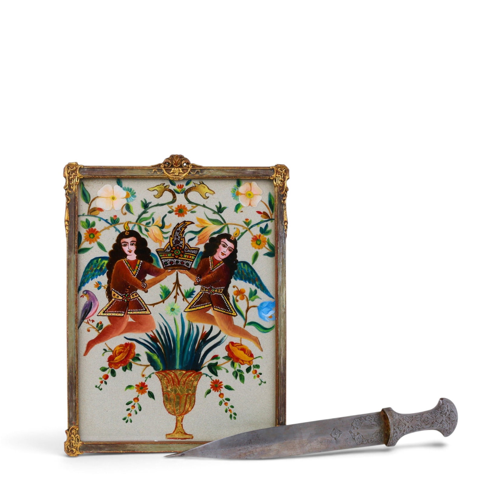A Persian Qajar framed reverse glass painting together with an engraved metal dagger: A Persian Qajar framed reverse glass painting together with an engraved metal dagger Framed: 13 x 10 in. (33 x 25.4 cm.)