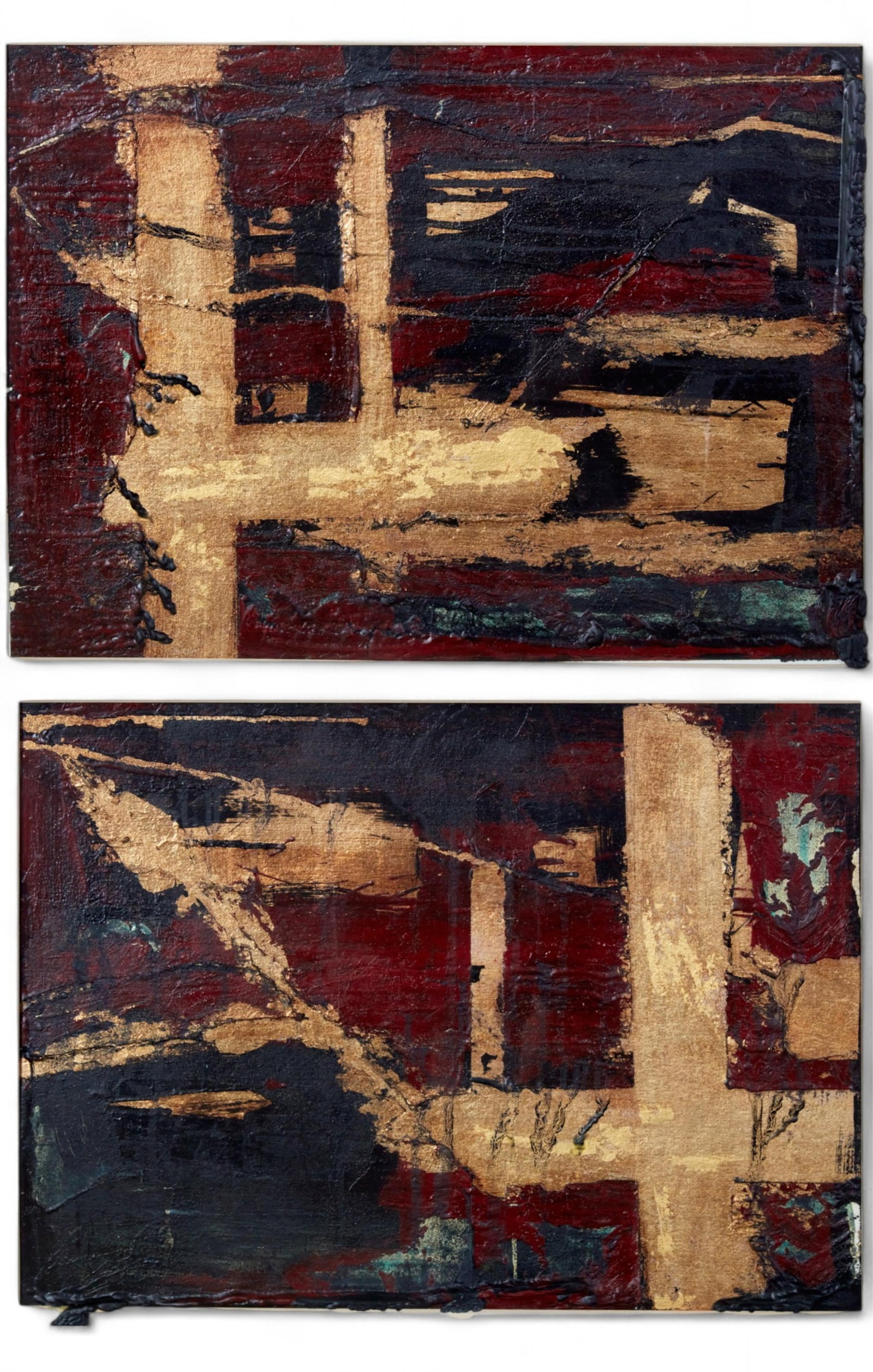 A pair of framed abstract mixed-media paintings: A pair of framed abstract mixed-media paintings Each with layered impasto in crimson, black, and gold, framed in carved giltwood with linen mats. Unsigned. height 40 x width 33 in. (101.6 x 83.8 cm.)
